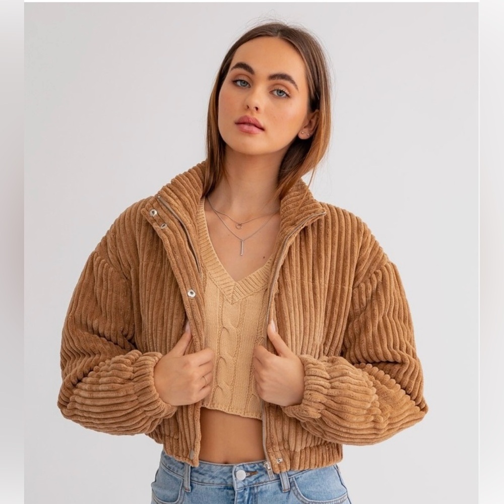 Le Lis Cropped Brown Corduroy Puffer Jacket Size Large Fall